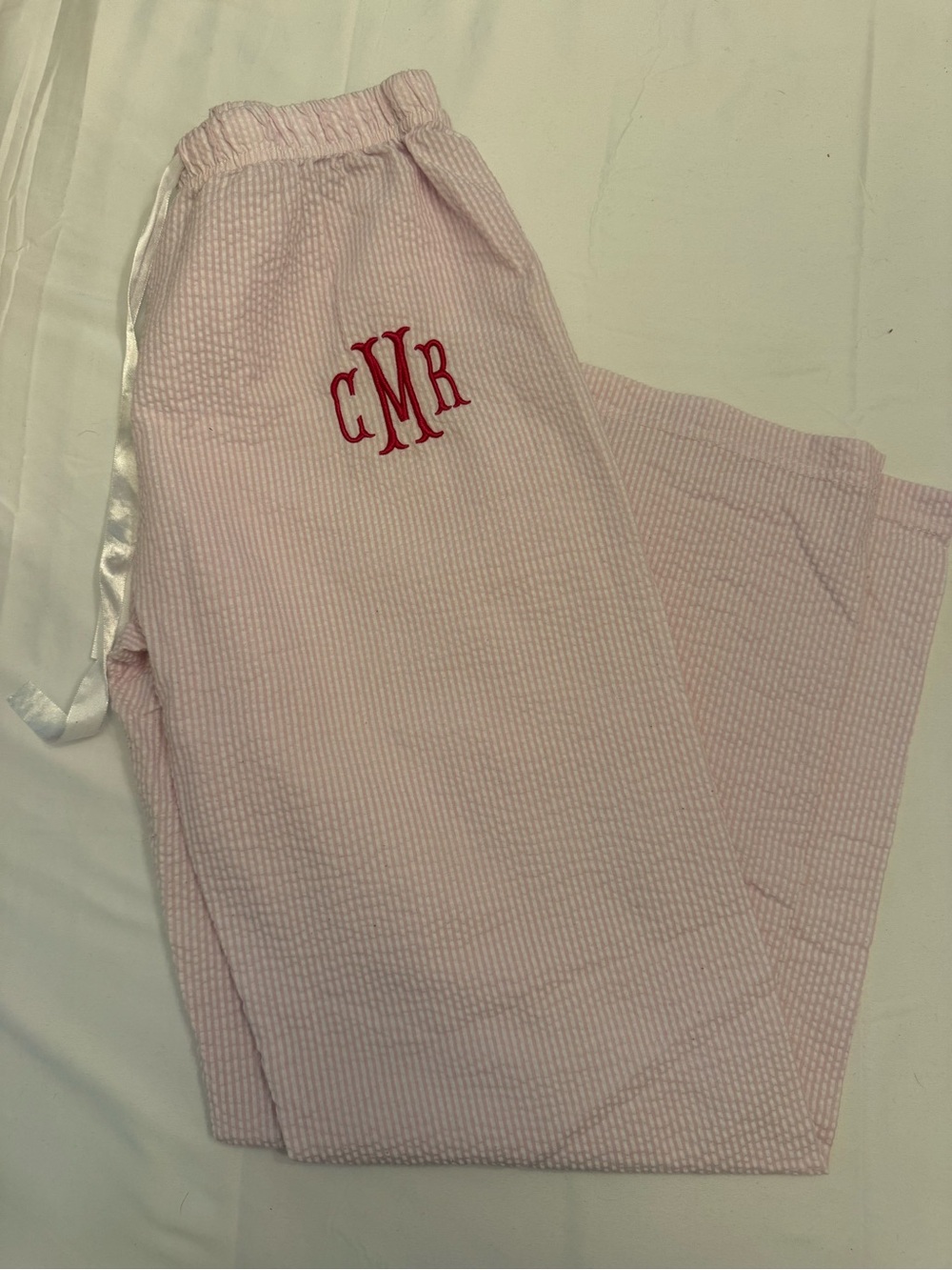 Pink Seersucker Monogram Pajama Pants with Satin Drawstring